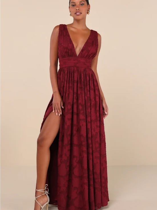 Lulus Dresses & Skirts - Lulu's Burgundy Plunging Maxi Gown with Side Slit